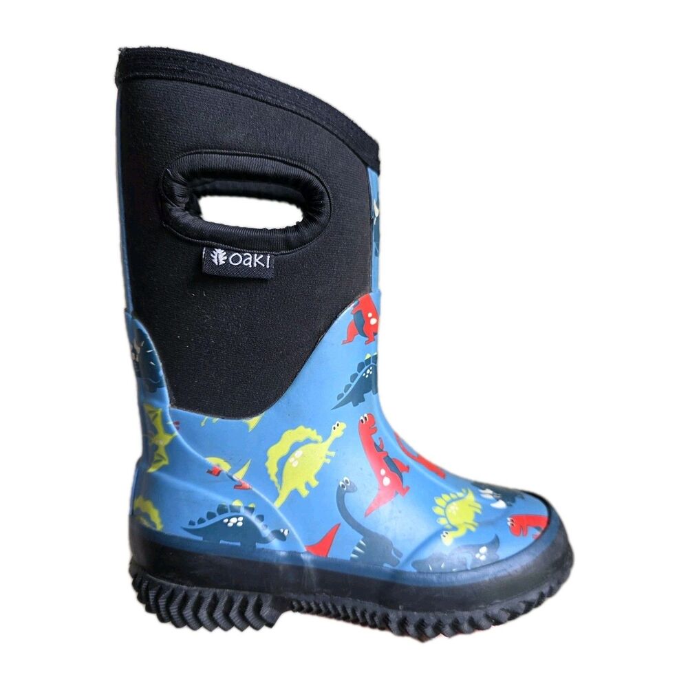 OAKI Kid's Neoprene Rain Snow Boots Blue Dinosaurs Size 8 School Farm Ranch